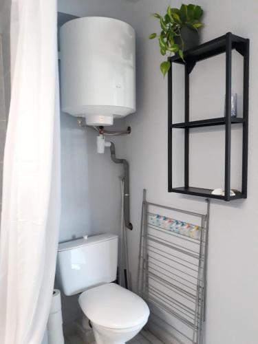 La salle de bains est pourvue de toilettes blanches et d'une étagère noire. dans l'établissement Studio cabine en bord de plage, à Marseillan