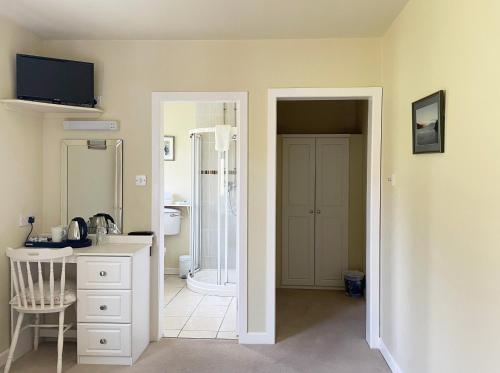 ein Bad mit einer Dusche, einem Waschbecken und einem Spiegel in der Unterkunft Duinin House B&B in Dingle