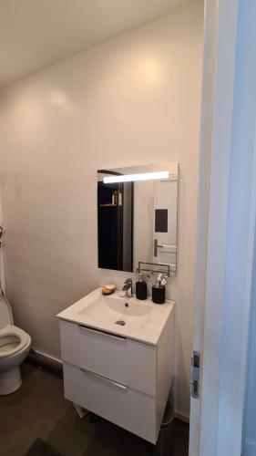 une salle de bain blanche avec un lavabo et des toilettes dans l'établissement Maison de ville à Cannes à 450 mètres de la Croisette, à Cannes