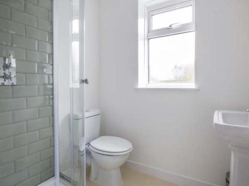 a white bathroom with a toilet and a sink at Dutch Cottage in Colchester