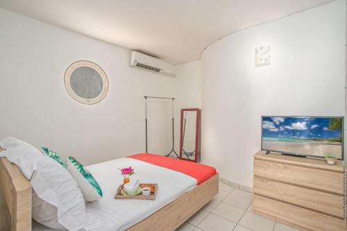 1 dormitorio con 1 cama y TV de pantalla plana en Le Cottage de la Baie de Tartane à 5min des plages, en La Trinité