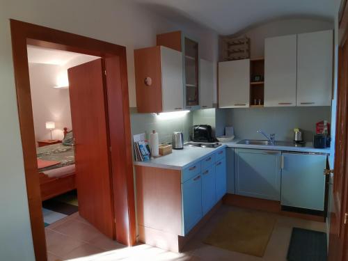 a kitchen with blue cabinets and a sink at Ruhe am Wald - zentral und Wörthersee in Klagenfurt