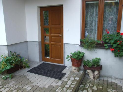 a door to a house with potted plants on it at Pokoje i apartamenty pod Jaworzyną w Koninkach in Koninki