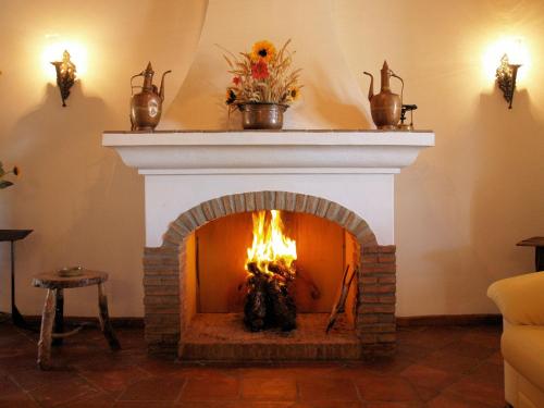 a fireplace in a living room with a fire at Agro-Turismo Monte da Galega in Mina de São Domingos