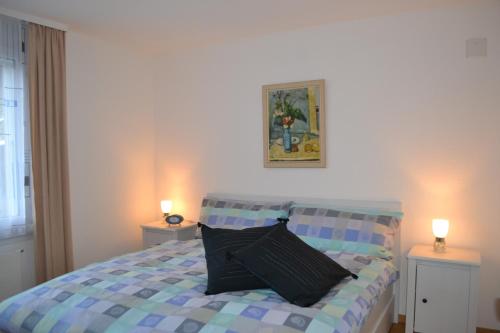 a bedroom with a bed with a pillow on it at Elfe-Apartments Apartment for 6 guests with patio in Emmetten