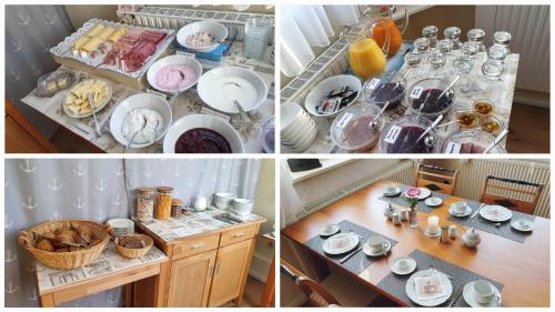 un collage de cuatro fotos de una mesa con platos y platos en Pension Jepsen, en Glücksburg