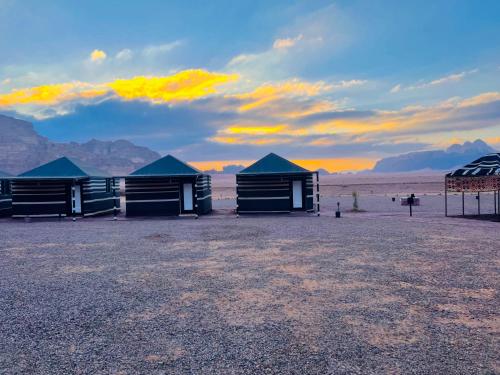 a group of huts in the middle of the desert at Shakria Bedouin Life Camp in Wadi Rum