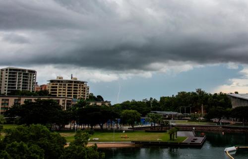 a view of a city with buildings and a river at Serenity Neptuna - 3brm luxury at Darwin Waterfront in Darwin