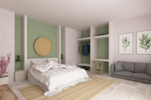 a rendering of a bedroom with a bed and a couch at Masseria Celentano Relais & Agriturismo in San Severo