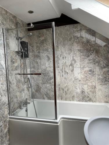 a bathroom with a shower with a tub and a toilet at The White Horse Inn in Washford