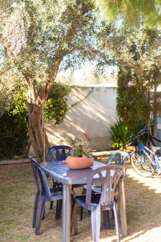 a blue table and chairs with a potted plant on it at Aliki Guest House in Aígio