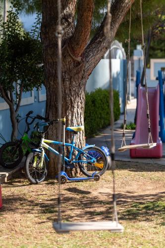 a bike parked next to a tree with swings at Aliki Guest House in Aígio