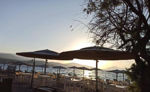 a group of tables and chairs with umbrellas on a beach at Aliki Guest House in Aígio
