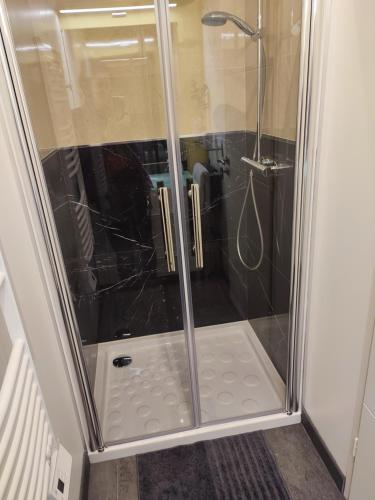 a shower with a glass door in a bathroom at Appartement avec terrasse - M4 Lucie Aubrac in Bagneux