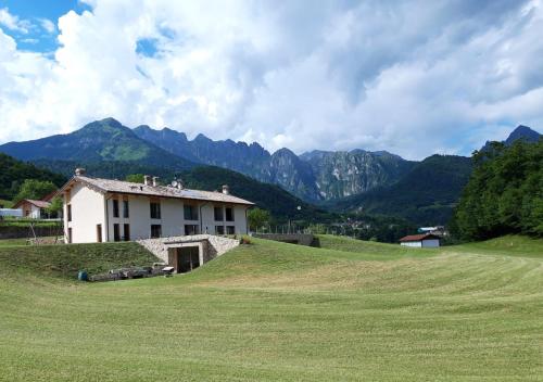 una casa su una collina con montagne sullo sfondo di La casa di Maia - Alloggio Agrituristico a Pedavena