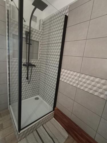 une douche avec une porte vitrée dans une salle de bain dans l'établissement Echappée Belle à Montauban - garage, à Montauban