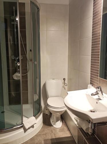 a bathroom with a toilet and a shower and a sink at Hotel Beskidzki Raj Medical SPA in Stryszawa