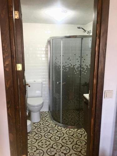 a bathroom with a toilet and a glass shower at SARI KEÇİ TAŞ OTEL in Gokceada Town