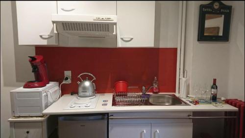 una pequeña cocina con fregadero y microondas en Charmant Studio à Amélie Les Bains (AB Studio), en Amélie-les-Bains-Palalda