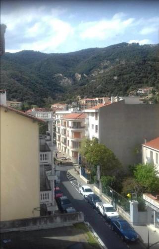 una vista de una ciudad con coches aparcados en una calle en Charmant Studio à Amélie Les Bains (AB Studio), en Amélie-les-Bains-Palalda