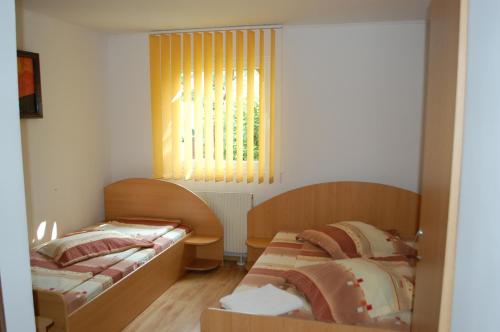 1 dormitorio con 2 camas y ventana en Casa Kiss, en Sovata