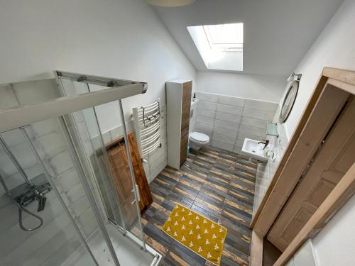 - une vue de tête sur la salle de bains pourvue d'une douche et de toilettes dans l'établissement Apartament Metamorfoza, à Nowy Targ