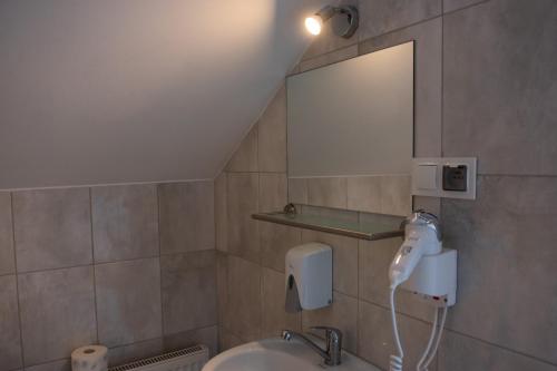 a bathroom with a sink and a mirror at Pan Tadeusz in Zwierzyniec