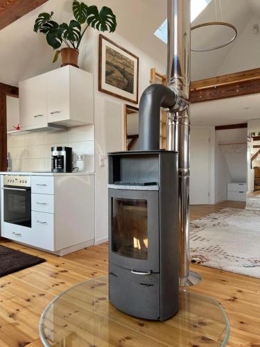 a kitchen with a fireplace in the middle of a room at Westfälischer Hof - Loft in Lehnin