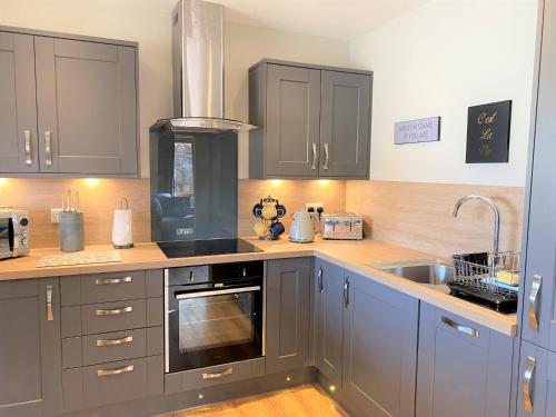 a kitchen with gray cabinets and a sink at Pheasant Lodge with Hot Tub in Forgandenny