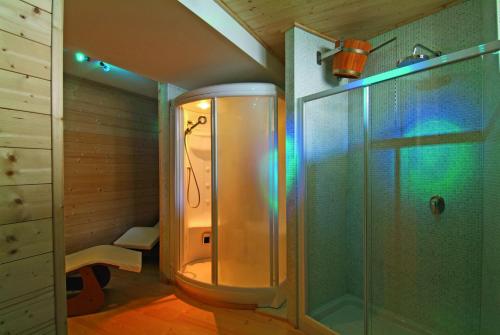 a shower in a bathroom with a glass shower stall at Hotel Erika in Madonna di Campiglio