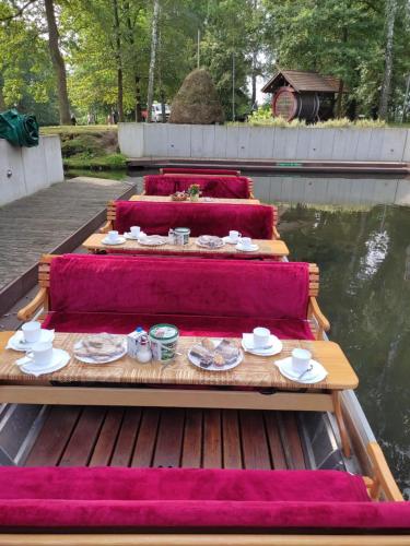 three sets of tables with plates of food on a boat at Spreewaldpension Zickert in Lübben