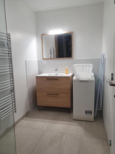 een badkamer met een wastafel en een spiegel bij LA PIERRINA - Chamois - Appart 3 étoiles in Aix-les-Bains