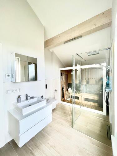 a bathroom with a sink and a glass shower at DarssAhoi in Pruchten
