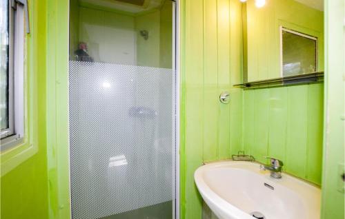 a green bathroom with a shower and a sink at 2 Bedroom Nice Home In Tavera in Tavera