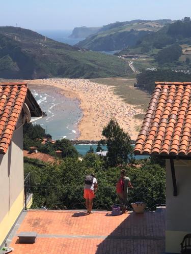 two people standing on a balcony looking at a beach at Apartamentos Monterodiles in Liñero