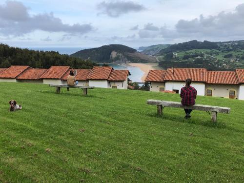 zwei Menschen sitzen auf Bänken auf einem Feld mit einem Hund in der Unterkunft Apartamentos Monterodiles in Liñero