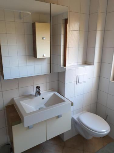a white bathroom with a sink and a toilet at Ferienwohnung Suppan in Hörbranz