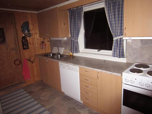uma cozinha com um lavatório, um fogão e uma janela em Havgløtt em Rabben