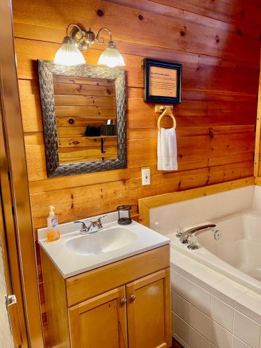 a bathroom with a sink and a tub and a mirror at Beary Charming Hottub Great Location 4 Miles to Gatlinburg in Gatlinburg