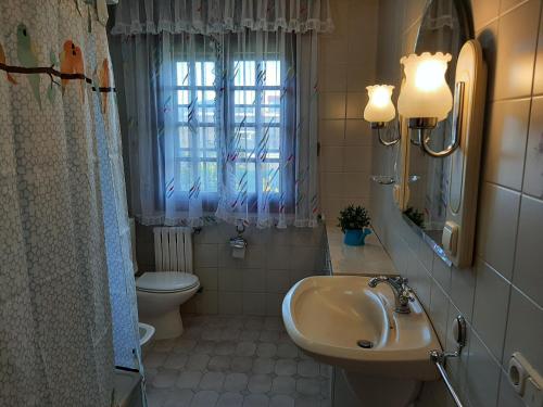 a bathroom with a sink and a toilet and a window at Apartamento AS CARBALLAS in Caldas de Reis