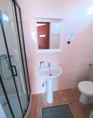 a bathroom with a sink and a shower at Zajazd PTTK Pod Roztoką in Rytro