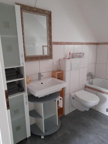 a bathroom with a sink and a toilet and a mirror at Ferienwohnung Dieblich in Dieblich