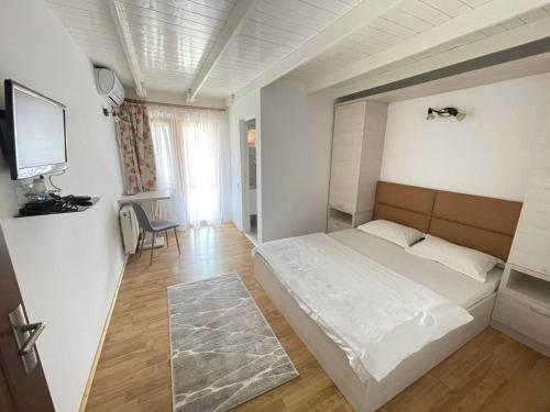 1 dormitorio con 1 cama y TV en Pensiunea Deian-Clisura Dunării en Moldova Nouă