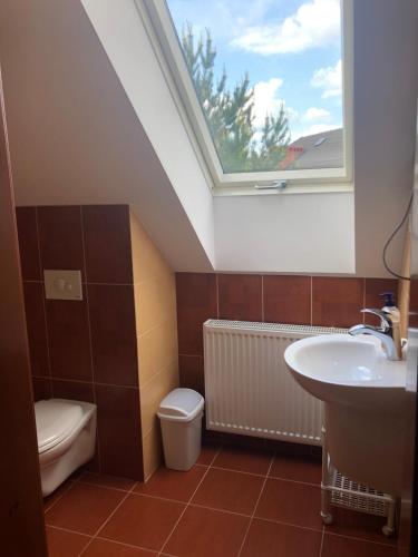 ein Badezimmer mit einem Waschbecken, einem WC und einem Dachfenster in der Unterkunft Domek w Gaiku in Limanowa