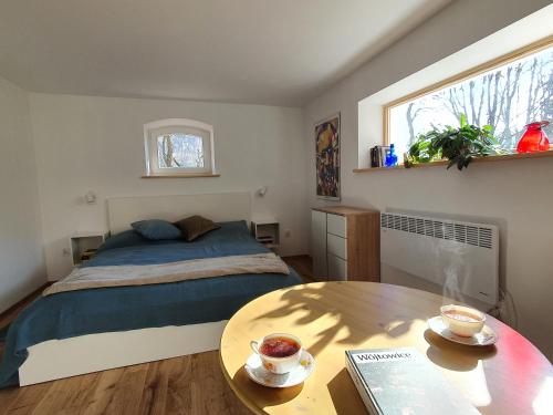 a small bedroom with a bed and a table at Studio Dudek in Wójtowice