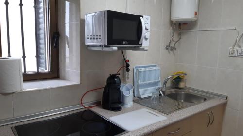 a kitchen counter with a sink and a microwave at Casa de Pueblo ,Sauca in Saúca