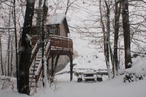 a tree house with a picnic table in the snow at Matilde's Chalet Etna Nature House in Nicolosi