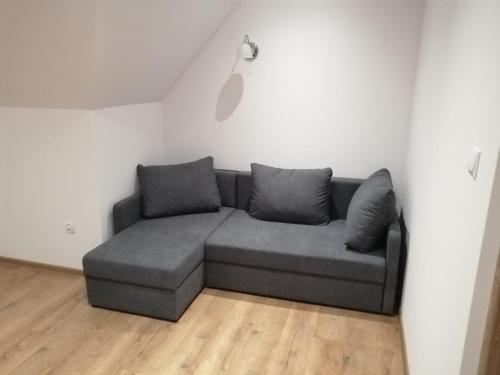 ein graues Sofa in einem Zimmer mit Holzboden in der Unterkunft Apartament nad Muflonem in Podgórzyn