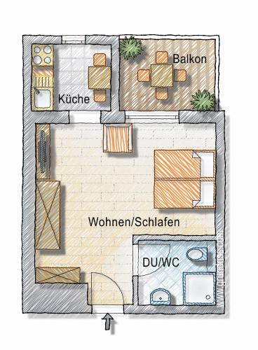 a floor plan of a small house at JUNIPRO Apartments Haustadt in Beckingen