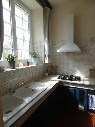 een keuken met een spoelbak en een raam bij Gîte de la Ferme Feugère in Barbeville